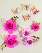Topo de bolo 3d de luxo com borboletas e flores - PAPELARIA MARIS