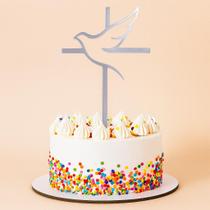 Topo de Bolo Acrílico Pomba do Espírito Santo Prata 15,5x10 cm Ponto das Festas - Inspire sua Festa Loja