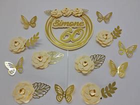 Topo de Bolo Aniversário 60 anos flores personalizado
