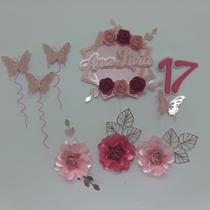 Topo de Bolo Aniversário Flores e Borboletas personalizado