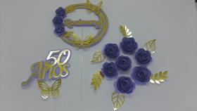 Topo de Bolo Aniversário Flores Lilás personalizado