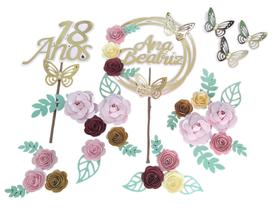 Topo de Bolo Aniversário Mescla de Flores Coloridas personalizado