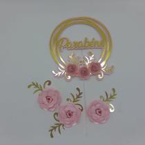 Topo de Bolo Aniversário Parabéns Flores Pétalas Rosa