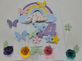 Topo De Bolo Arco- Íris Borboletas E Flores Personalizado Topo De Bolo Arco- Íris Borboletas E Flores Personalizado