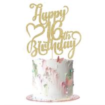 Topo de bolo AROKIPPRY dourado com glitter Feliz 16º aniversário Topo de bolo AROKIPPRY dourado com glitter Feliz 16º aniversário