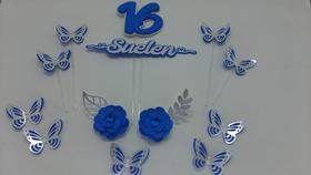 Topo de Bolo Borboletas Butterflies Flores em Azul com Prata personalizado