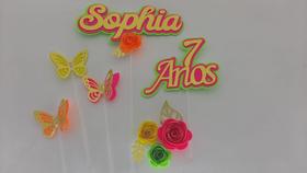 Topo de Bolo Borboletas Flores Neon Coloridas personalizado