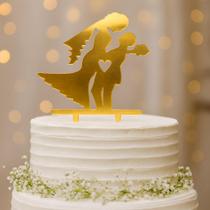 Topo de Bolo Casamento Noivos com Buquê Acrílico Dourado 17x13,5 cm Ponto das Festas - Inspire sua Festa Loja