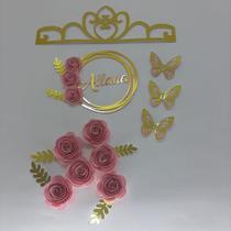 Topo de Bolo Coroa Flores e Borboletas personalizado
