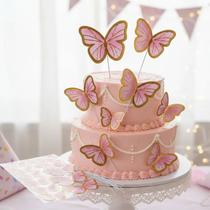 Topo de Bolo de Borboletas Rosa Dourada Festa Aniversário Mesversário