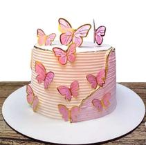 Topo de Bolo de Borboletas Rosa e Dourada Festa de Aniversário Mesversário - Trine