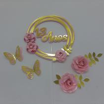 Topo de Bolo Decorado com flores e borboletas personalizado