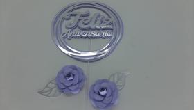 Topo de Bolo Enfeite Feliz Aniversário Flores Lilás