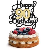 Topo de bolo Ephlyn Feliz 90º Aniversário Preto e Dourado