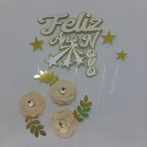 Topo de Bolo Feliz Ano Novo Flores e Estrelas