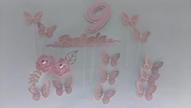 Topo de Bolo Festa Aniversário Enfeite Borboletas e Flores