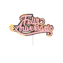 Topo de Bolo Festa Feliz Aniversário Glitter Rosa - 01 unid - piffer