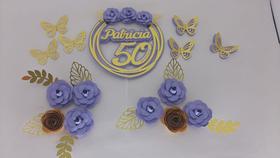 Topo de Bolo Festa Flores e Borboletas Lilás e Dourado Personalizado