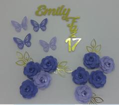 Topo de Bolo Festa Flores em Azul com Dourado