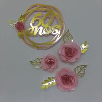 Topo de Bolo Flores 60 anos rosa personalizado - MIWL ART