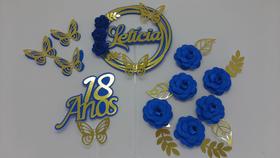 Topo de Bolo Flores Azul com Dourado personalizado