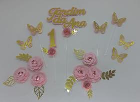 Topo de Bolo Flores Borboletas Modelo Jardim personalizado