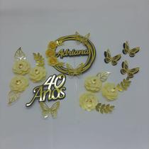 Topo de Bolo Flores Creme e Dourado personalizado