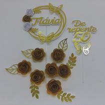 Topo de Bolo Flores em Dourado De Repente 50 personalizado - miwl art