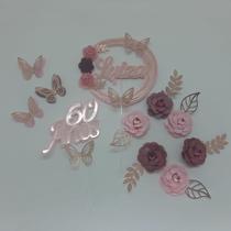 Topo de Bolo Flores Marsala e Rosa Personalizado
