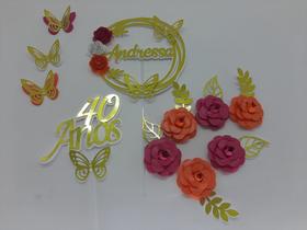 Topo de Bolo Flores na cor pink e laranja personalizado