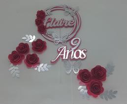 Topo de Bolo Flores Pétalas Pink com Prata personalizado