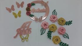 Topo de Bolo Flores Rose e Ouro com folhas verdes personalizado