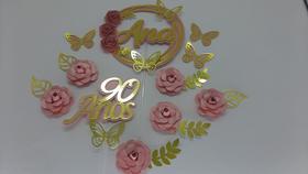 Topo de Bolo Flores Rose Gold com Dourado personalizado - miwl art