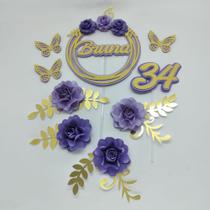 Topo de Bolo Flores Roxo e Lilás Personalizado