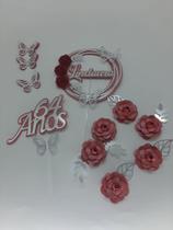 Topo de Bolo Flores vermelhas e detalhes prata personalizado