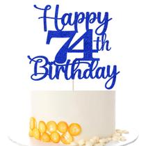 Topo de Bolo Kaoenla Feliz 74º Aniversário Glitter Azul