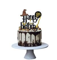 Topo de bolo LVUPKFF de bruxo para 8º aniversário, preto com glitter Topo de bolo LVUPKFF de bruxo para 8º aniversário, preto com glitter
