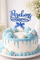 Topo De Bolo Parabéns Decorativo Festa Aniversário Metalizad Azul Parabéns
