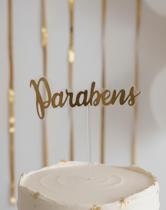 Topo de Bolo Parabéns Dourado em Papel Espelhado Decoração Festa Aniversário Luxo