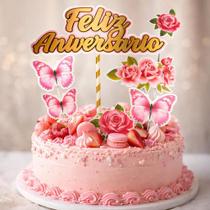 Topo De Bolo Parabéns Flores Borboletas Enfeites Topper Topo De Bolo Parabéns Flores Borboletas Enfeites Topper