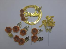 Topo De Bolo Personalizado 15 Anos Flores Douradas