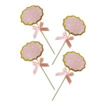 Topo De Bolo Plaquinha Coracao Rosa Com 4 Itens (5.6x12cm)