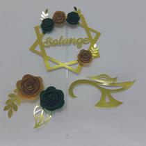 Topo de Bolo Quadrilátero Flores Verde e Dourado personalizado