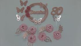 Topo de Bolo Rosa Flores e Borboletas Idades Personalizado