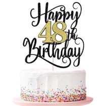 Topo de Bolo Ruscalin Feliz 48º Aniversário Preto e Dourado Topo de Bolo Ruscalin Feliz 48º Aniversário Preto e Dourado
