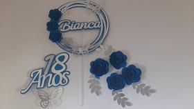 Topo Topper de Bolo 18 anos Flores em Azul com Prata