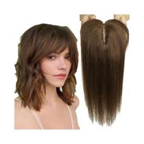 Topper De Cabelo Humano Liso Castanho Ombré De 14 Polegadas Com Base De Seda E Franja, Com Presilhas