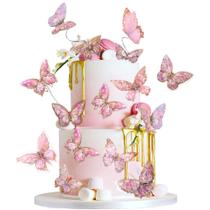 Topper para Bolo Cyodoos 20 Peças Borboletas Rosa Dourado Impermeáveis Topper para Bolo Cyodoos 20 Peças Borboletas Rosa Dourado Impermeáveis