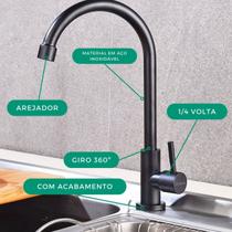 Torneira Bancada Pia Alta Preto Fosco Industrial Moderna Pescoço Curvado Cozinha Banheiro Luxo - Franci