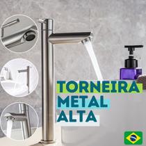 Torneira Banheiro Alta Metal Aço Inox Escovado Pia Apoio Água Fria 1/4 de Volta